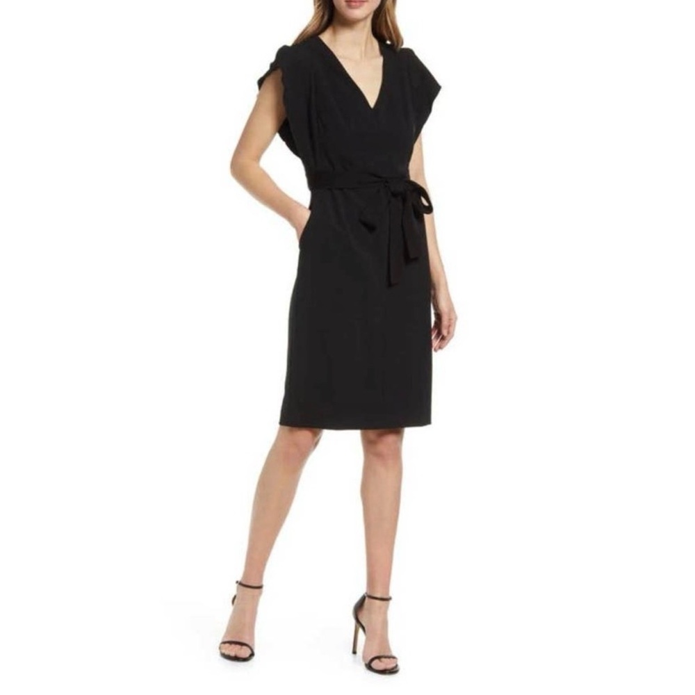 Eliza J Ruffle Sleeves Belted Sheath Dress black Crepe V-Neck
